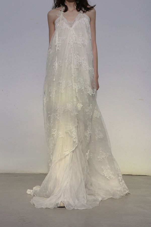 Marc Le Bihan Haute Couture Collection Silk Fairy Maxi Dress with Embroidered Lace MLB-21331-MIBAI Off-White